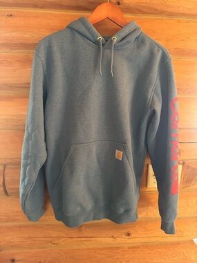 Carhartt Men’s Hoodie in Slate Blue with Red Sleeve Logo Size Small
